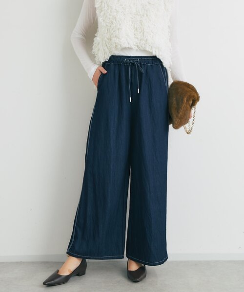 un dix cors（アンディコール）の「《楽な履き心地》シャイニーデニムワイドパンツ（デニムパンツ・レディース・ブラック/インディゴブルー・FREE）」の3枚目の写真