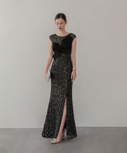 LEJA LUXE】アシンメトリーツイストデザインスパンコールドレス