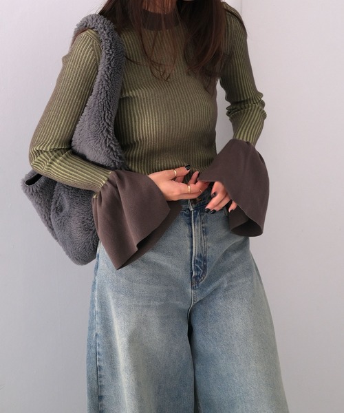 AKTE（アクテ）の「ダブルカラーフレアスリーブニットプルオーバー（ニット/セーター・レディース・ピンク系/グリーン系・FREE）」の8枚目の写真