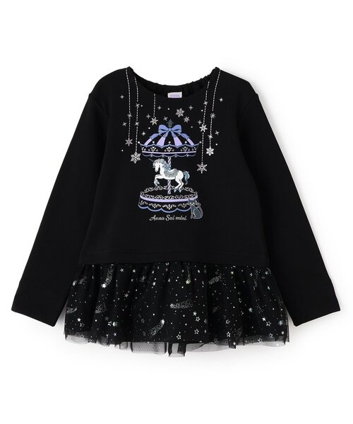 ANNA SUI mini(アナスイ・ミニ)の「裾ペプラムチュールメリーゴーランドプリントトレーナー(スウェット・キッズ・ライトピンク/ブラック・85-95cm/120cm/130cm/140cm/100-110cm)」の1枚目の写真