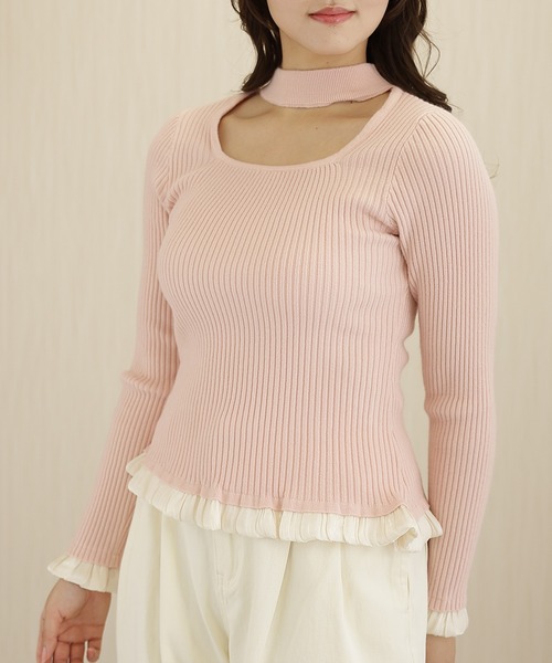 Lace Ladies(レースレディース)の「配色 フリル付き タイ風 リブ ニット プルオーバー(ニット/セーター・レディース・アイボリー/ブラック/ピンク・FREE)」の3枚目の写真