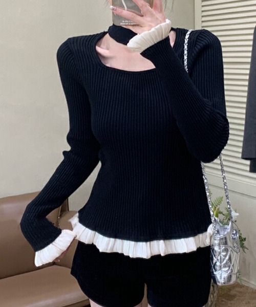 Lace Ladies(レースレディース)の「配色 フリル付き タイ風 リブ ニット プルオーバー(ニット/セーター・レディース・アイボリー/ブラック/ピンク・FREE)」の2枚目の写真