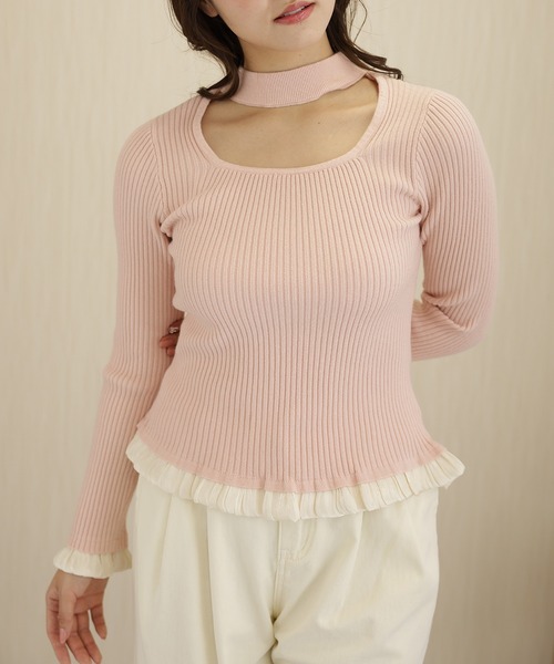 Lace Ladies(レースレディース)の「配色 フリル付き タイ風 リブ ニット プルオーバー(ニット/セーター・レディース・アイボリー/ブラック/ピンク・FREE)」の9枚目の写真