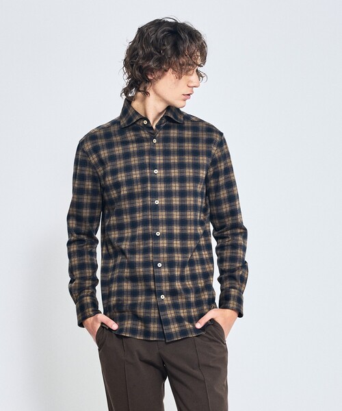 【ON/OFF兼用】ドレスニット ネルツイル＆チェック ワイドカラーシャツ / FLEX SHIRTS