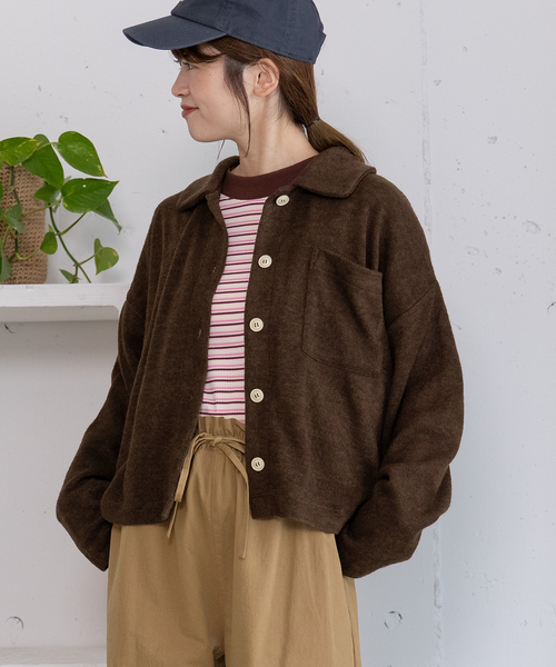 POU DOU DOU(プードゥドゥ)の「フラットカラー前あきトップス(Tシャツ/カットソー・レディース・オレンジ/ピンク/グリーン/ダークブラウン・M)」の2枚目の写真