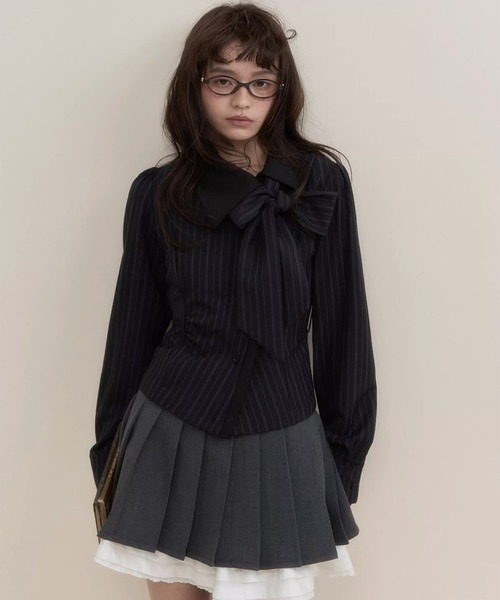 アシンメトリー ストライプリボンブラウス SP25a052【SunsetPark