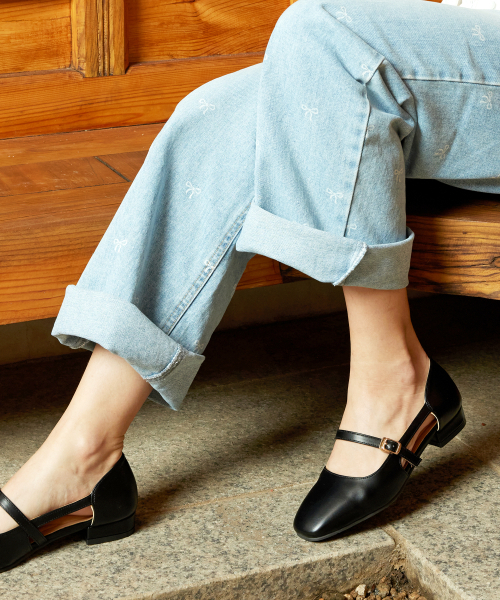 サイドオープンメリージェーンフラットシューズ (ブラック)