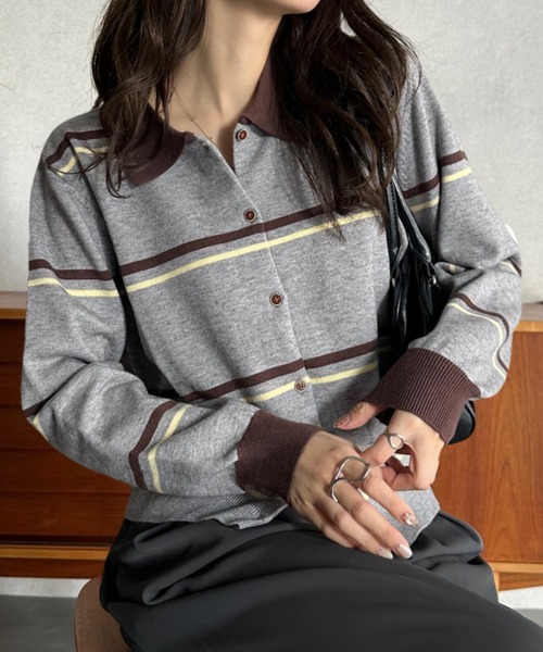 セール】【Eclat one】マルチボーダー バイカラー ポロニット（ニット