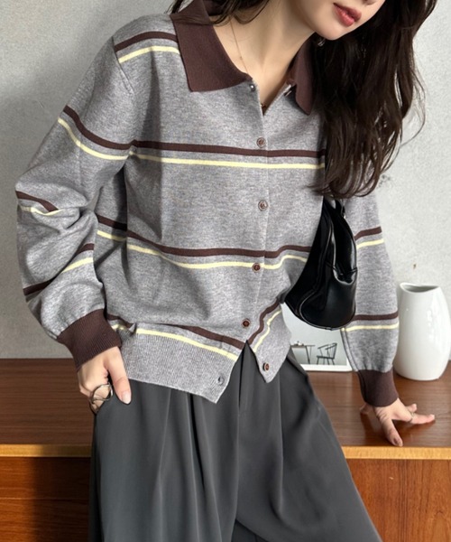 セール】【Eclat one】マルチボーダー バイカラー ポロニット（ニット