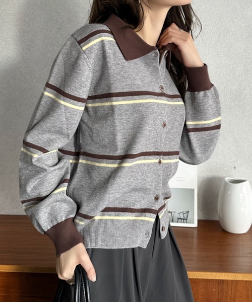 Eclat one(エクラワン)の「【Eclat one】マルチボーダー バイカラー ポロニット(ニット/セーター・レディース・グレー/ホワイト/ブラウン・FREE)」の18枚目の写真