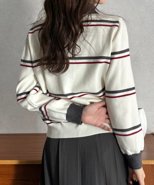 Eclat one(エクラワン)の「【Eclat one】マルチボーダー バイカラー ポロニット(ニット/セーター・レディース・グレー/ホワイト/ブラウン・FREE)」の7枚目の写真