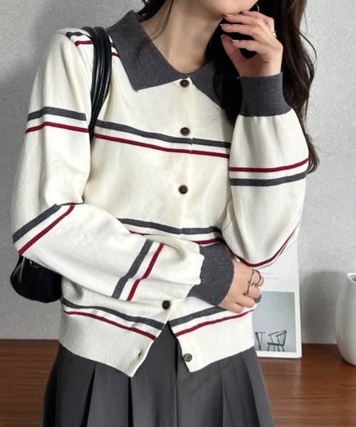 Eclat one(エクラワン)の「【Eclat one】マルチボーダー バイカラー ポロニット(ニット/セーター・レディース・グレー/ホワイト/ブラウン・FREE)」の15枚目の写真