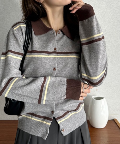 Eclat one(エクラワン)の「【Eclat one】マルチボーダー バイカラー ポロニット(ニット/セーター・レディース・グレー/ホワイト/ブラウン・FREE)」の8枚目の写真
