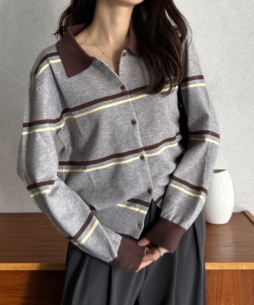 Eclat one(エクラワン)の「【Eclat one】マルチボーダー バイカラー ポロニット(ニット/セーター・レディース・グレー/ホワイト/ブラウン・FREE)」の22枚目の写真