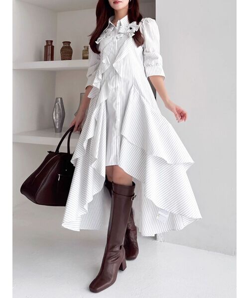 dazzlin（ダズリン）の「リボンディティールイレヘムシャツワンピース（ワンピース・レディース・ブルー/オフホワイト/その他1・MEDIUM/SMALL）」の3枚目の写真