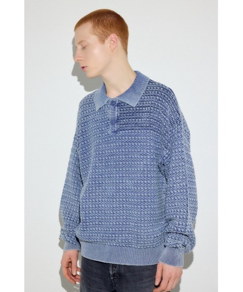 AZUL by moussy(アズールバイマウジー)の「ヴィンテージウォッシュニットポロ(ニット/セーター・メンズ・ブルー/ブラック/グレイッシュベージュ・MEDIUM/LARGE)」の5枚目の写真
