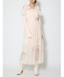 ショルダーリボンチュールニットワンピース 春服