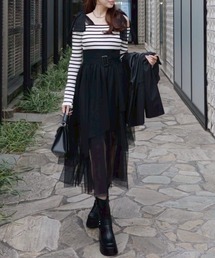ショルダーリボンチュールニットワンピース 春服