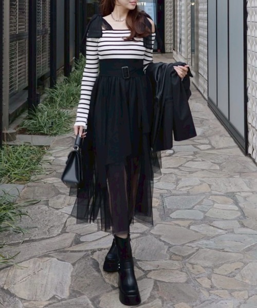 rienda(リエンダ)の「ショルダーリボンチュールニットワンピース 春服(ワンピース・レディース・ホワイト/ピンク/マルチ・FREE)」の3枚目の写真