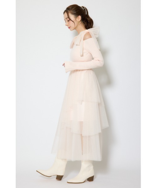 rienda(リエンダ)の「ショルダーリボンチュールニットワンピース 春服(ワンピース・レディース・ホワイト/ピンク/マルチ・FREE)」の4枚目の写真