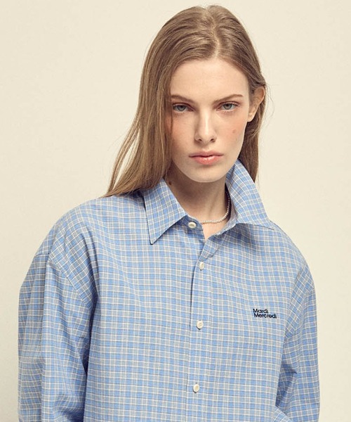 Mardi Mercredi(マルディメクルディ)の「COTTON SHIRT CHECK LOGO / コットン シャツ チェック ロゴ(シャツ/ブラウス・レディース・ネイビー/ブルー・FREE)」の2枚目の写真