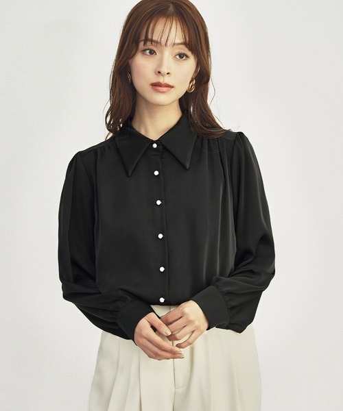 LOWO(ロワ)の「とろみサテン 長袖 レギュラーシャツ ブラウス フォーマル(シャツ/ブラウス・レディース・ブラック/ホワイト・FREE)」の10枚目の写真