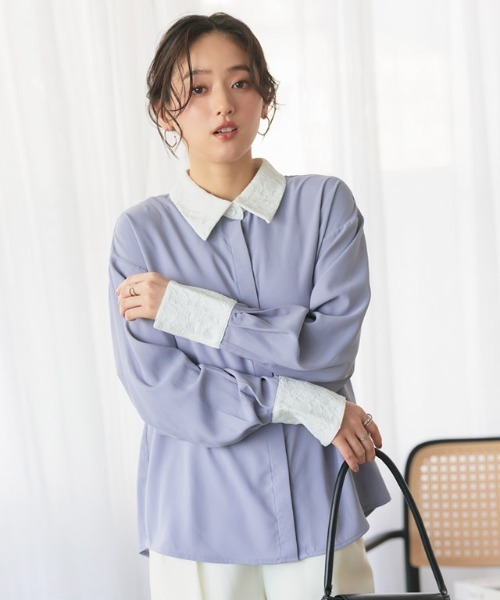 Pierrot(ピエロ)の「レース切り替えシャツ(シャツ/ブラウス・レディース・ブルー/オフホワイト・L/M)」の12枚目の写真