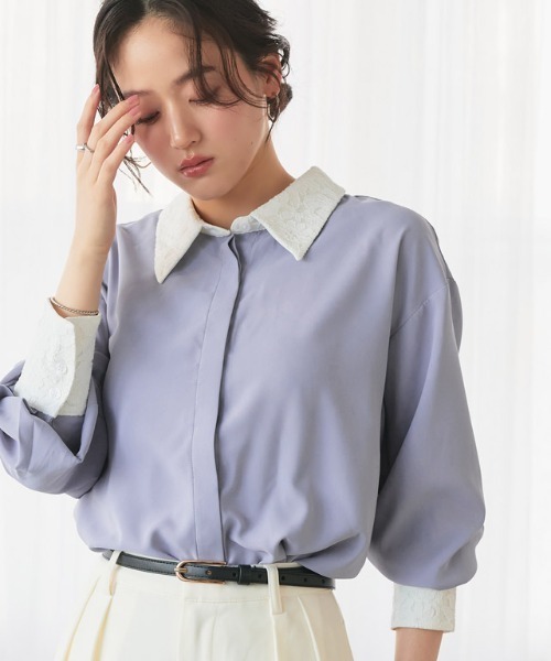 Pierrot(ピエロ)の「レース切り替えシャツ(シャツ/ブラウス・レディース・ブルー/オフホワイト・L/M)」の16枚目の写真
