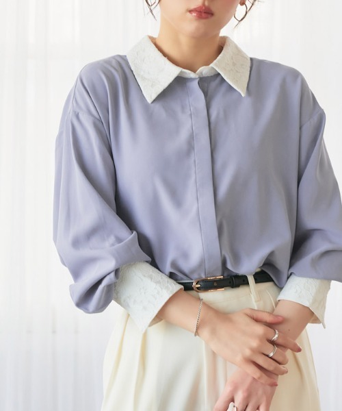 Pierrot(ピエロ)の「レース切り替えシャツ(シャツ/ブラウス・レディース・ブルー/オフホワイト・L/M)」の17枚目の写真