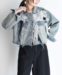 デニム　フレアジャケット エイミーロウ　レディース　美品 Eimee Law（エイミーロウ） コート アウター カウ柄デニムコラージュpt