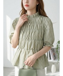 チェック柄シャーリングペプラムブラウス