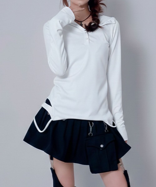Diable baiser（ディアブルベーゼ）の「フードヘンリーネック裾イレヘムデザイン長袖リブカットソー（Tシャツ/カットソー・レディース・グレー/ホワイト・M-L）」の2枚目の写真