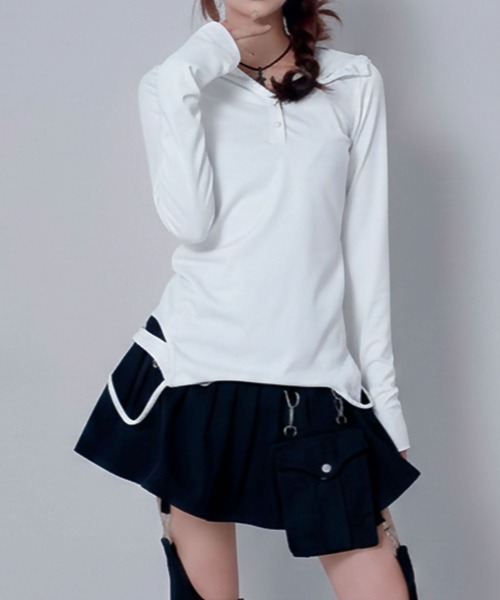 Diable baiser（ディアブルベーゼ）の「フードヘンリーネック裾イレヘムデザイン長袖リブカットソー（Tシャツ/カットソー・レディース・グレー/ホワイト・M-L）」の10枚目の写真