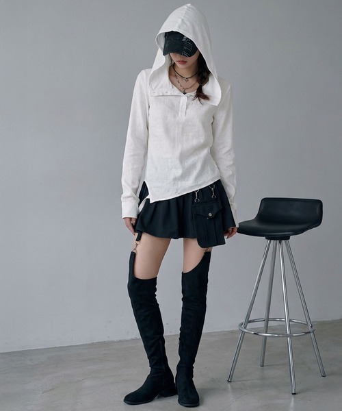 Diable baiser（ディアブルベーゼ）の「フードヘンリーネック裾イレヘムデザイン長袖リブカットソー（Tシャツ/カットソー・レディース・グレー/ホワイト・M-L）」の11枚目の写真