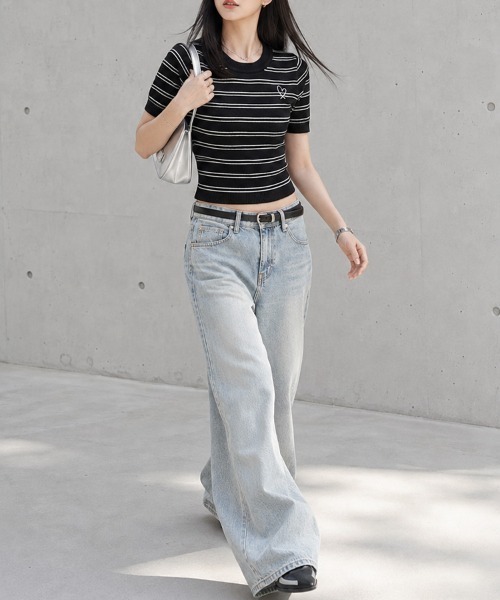 CLOTHY（クロシィ）の「【さりげないハートで差をつける】ボーダー半袖ニットトップス（Tシャツ/カットソー・レディース・イエロー/ピンク/ブラック・FREE）」の15枚目の写真