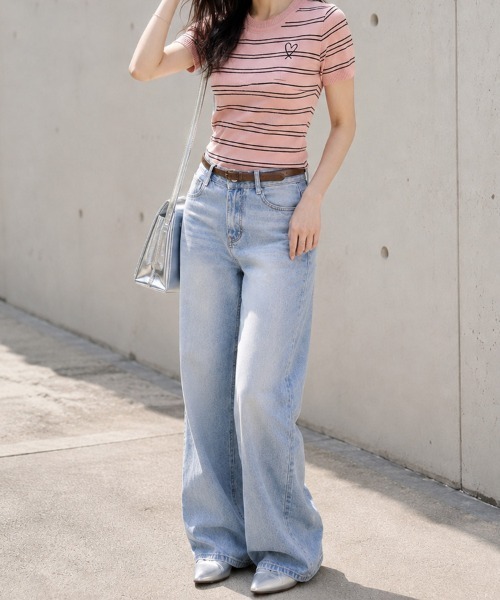CLOTHY（クロシィ）の「【さりげないハートで差をつける】ボーダー半袖ニットトップス（Tシャツ/カットソー・レディース・イエロー/ピンク/ブラック・FREE）」の12枚目の写真