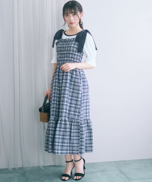 marun(マルン)の「<大きいサイズ>チェック柄ショルダーリボンワンピース marun(ワンピース・レディース・ネイビー/ピンク・5L~6L/3L~4L/L~LL)」の1枚目の写真