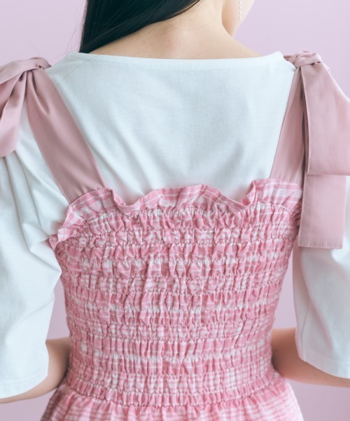 marun(マルン)の「<大きいサイズ>チェック柄ショルダーリボンワンピース marun(ワンピース・レディース・ネイビー/ピンク・5L~6L/3L~4L/L~LL)」の6枚目の写真