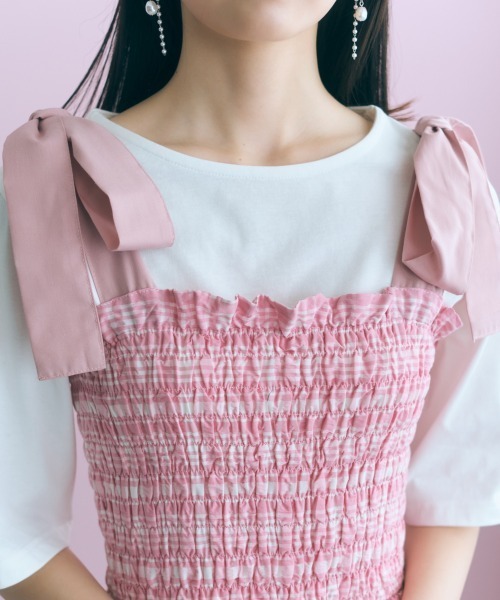 marun(マルン)の「<大きいサイズ>チェック柄ショルダーリボンワンピース marun(ワンピース・レディース・ネイビー/ピンク・5L~6L/3L~4L/L~LL)」の7枚目の写真