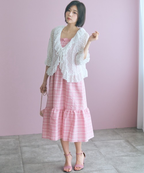 marun(マルン)の「<大きいサイズ>チェック柄ショルダーリボンワンピース marun(ワンピース・レディース・ネイビー/ピンク・5L~6L/3L~4L/L~LL)」の11枚目の写真