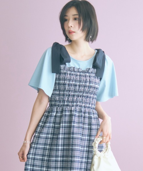 marun(マルン)の「<大きいサイズ>チェック柄ショルダーリボンワンピース marun(ワンピース・レディース・ネイビー/ピンク・5L~6L/3L~4L/L~LL)」の13枚目の写真