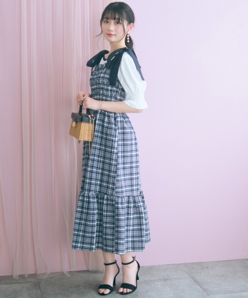 marun(マルン)の「<大きいサイズ>チェック柄ショルダーリボンワンピース marun(ワンピース・レディース・ネイビー/ピンク・5L~6L/3L~4L/L~LL)」の12枚目の写真