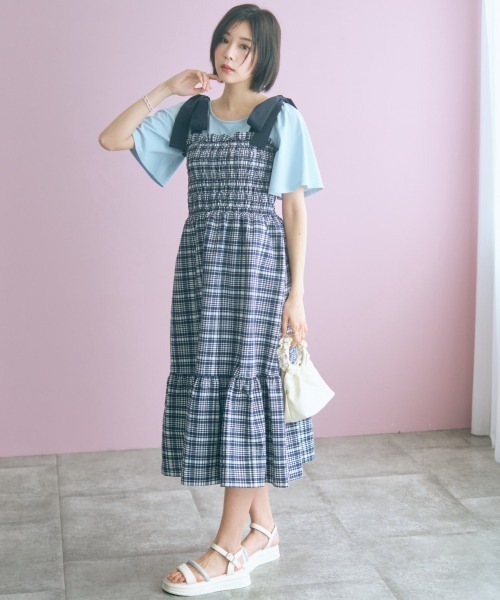 marun(マルン)の「<大きいサイズ>チェック柄ショルダーリボンワンピース marun(ワンピース・レディース・ネイビー/ピンク・5L~6L/3L~4L/L~LL)」の14枚目の写真