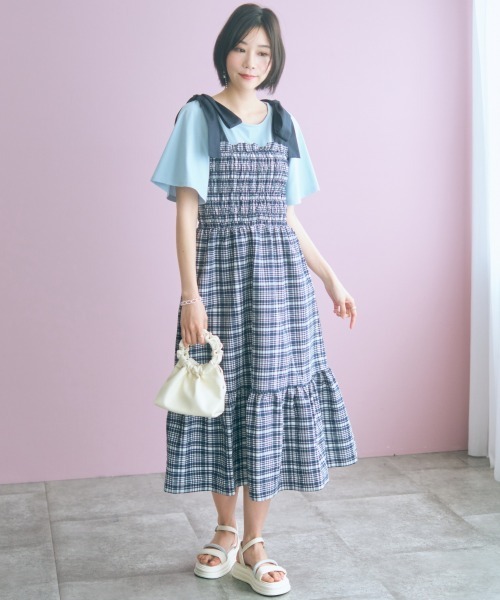marun(マルン)の「<大きいサイズ>チェック柄ショルダーリボンワンピース marun(ワンピース・レディース・ネイビー/ピンク・5L~6L/3L~4L/L~LL)」の15枚目の写真