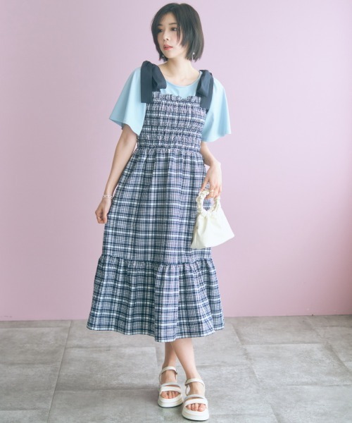 marun(マルン)の「<大きいサイズ>チェック柄ショルダーリボンワンピース marun(ワンピース・レディース・ネイビー/ピンク・5L~6L/3L~4L/L~LL)」の18枚目の写真