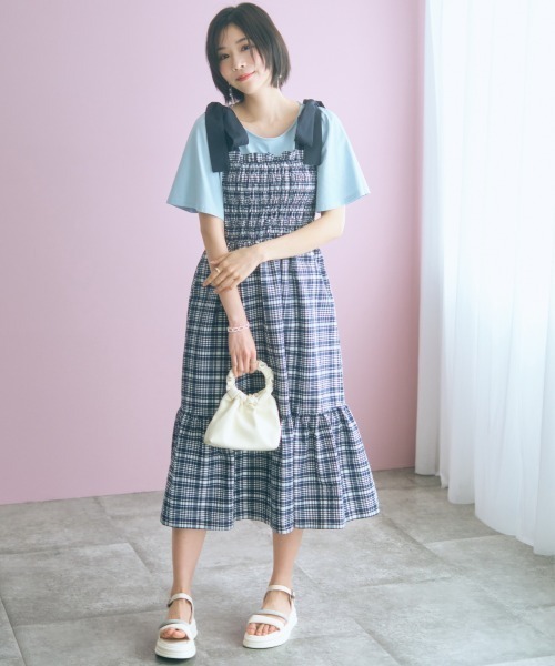 marun(マルン)の「<大きいサイズ>チェック柄ショルダーリボンワンピース marun(ワンピース・レディース・ネイビー/ピンク・5L~6L/3L~4L/L~LL)」の19枚目の写真