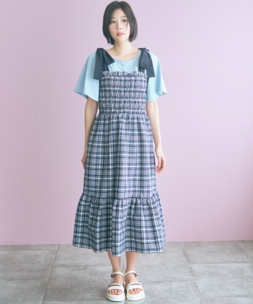 marun(マルン)の「<大きいサイズ>チェック柄ショルダーリボンワンピース marun(ワンピース・レディース・ネイビー/ピンク・5L~6L/3L~4L/L~LL)」の20枚目の写真