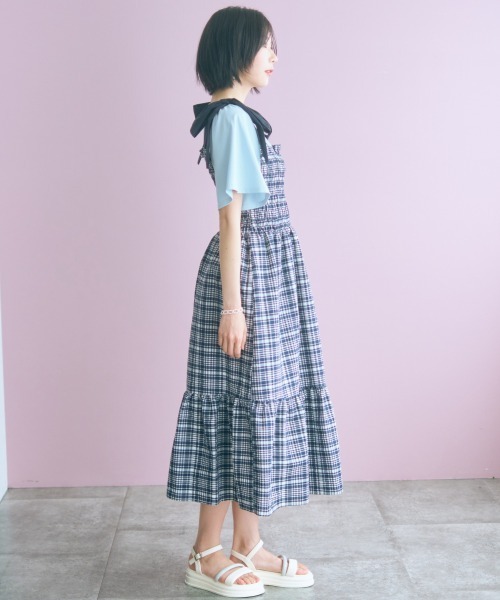 marun(マルン)の「<大きいサイズ>チェック柄ショルダーリボンワンピース marun(ワンピース・レディース・ネイビー/ピンク・5L~6L/3L~4L/L~LL)」の21枚目の写真