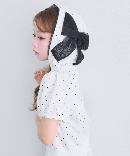 OLIVE des OLIVE（オリーブデオリーブ）の「リボンフード半袖ジップパーカー（パーカー・レディース・ドット/ピンク/トップグレー・FREE）」の8枚目の写真