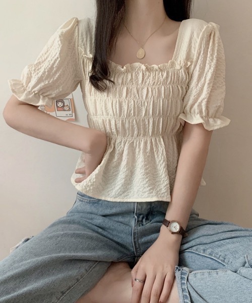 Teem Store(チームストア)の「【26年春夏新作】パフスリーブスクエアネックシャーリングブラウス 半袖 体型カバー(シャツ/ブラウス・レディース・ホワイト/アイボリー/ブラック・F)」の7枚目の写真